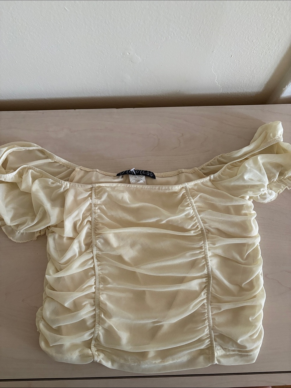 Ruched Off-Shoulder Crop Top — Cream